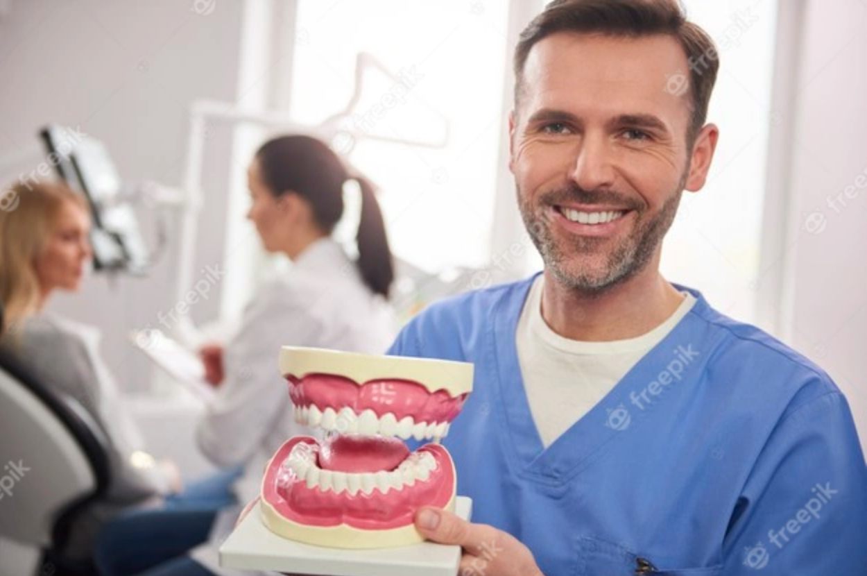 Dental professional presenting a full denture model